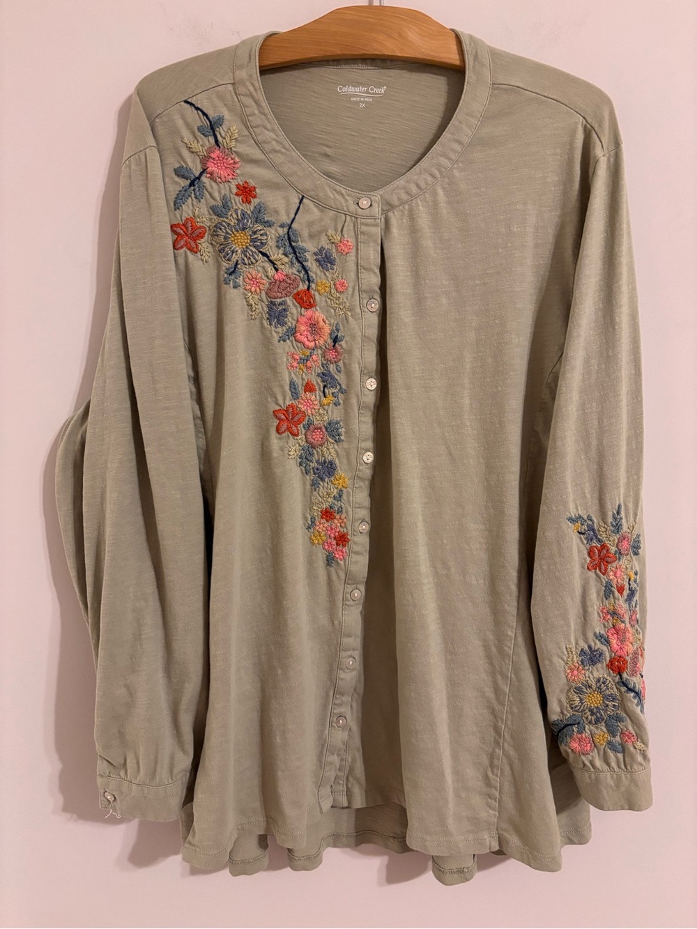 Coldwater Creek Soft Cotton Embroidered Boho Knit Top